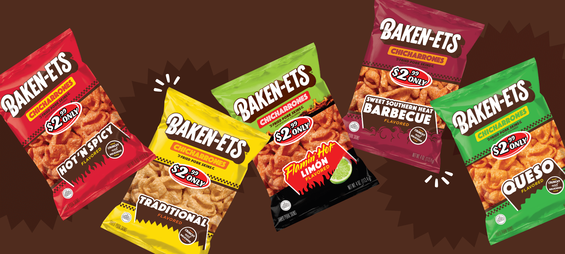 Five Baken-Ets Chicharrones flavors in colorful bags: Hot ‘N Spicy (red), Traditional (yellow), Flamin’ Hot Limón (green/black), Barbecue (maroon), and Queso (green).