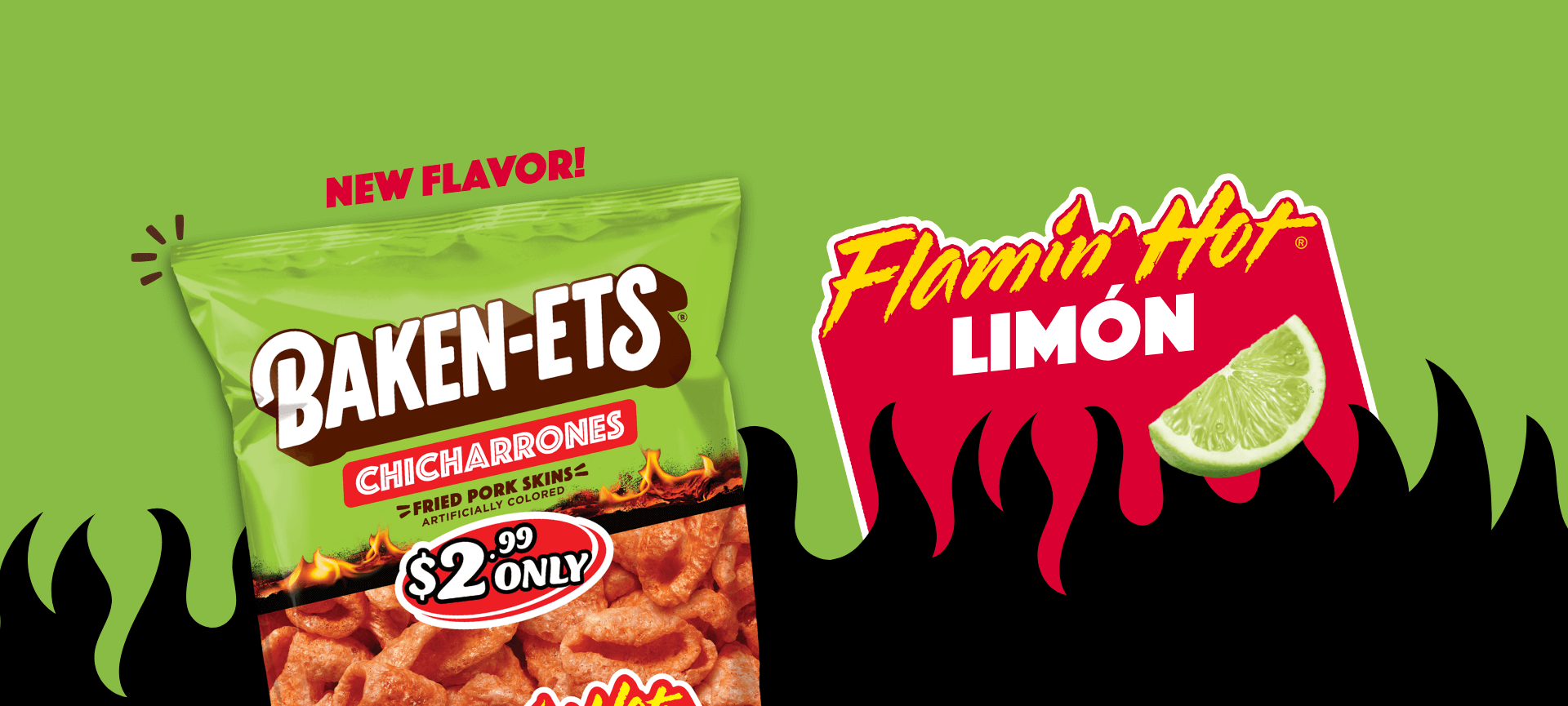 Green Baken-Ets bag promoting new “Flamin’ Hot Limón” flavor with lime and flame graphics, price marked "$2.99 ONLY.