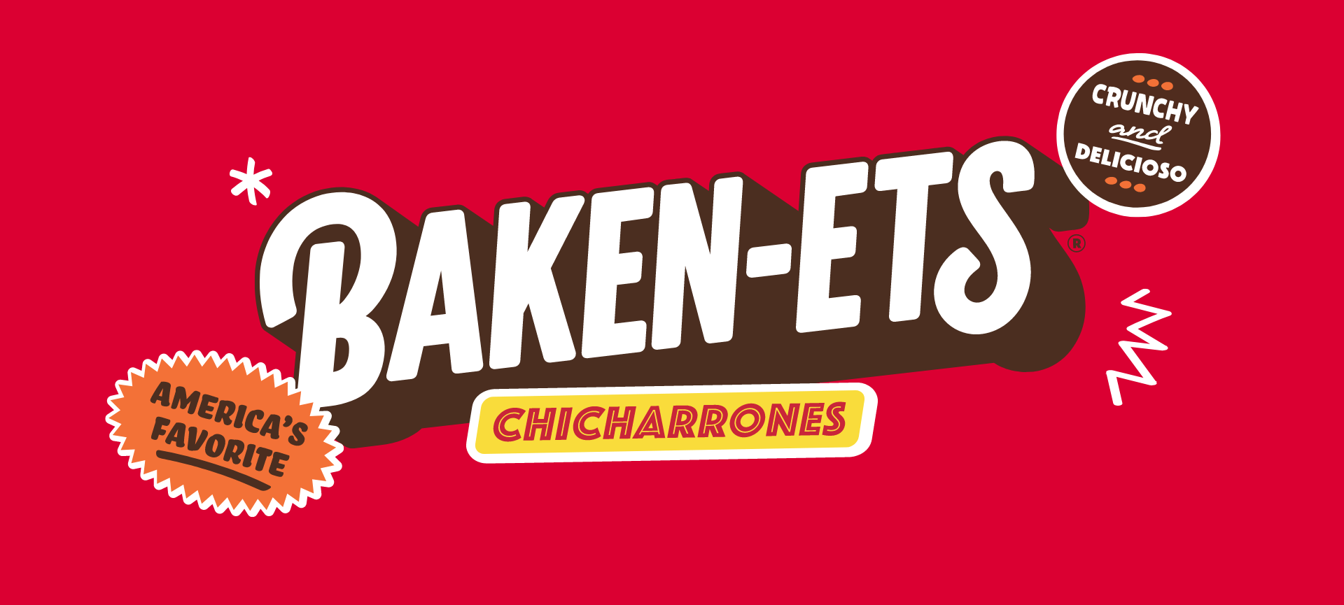 Baken-Ets logo on a red background with “Chicharrones,” “America’s Favorite,” and “Crunchy and Delicioso” text.